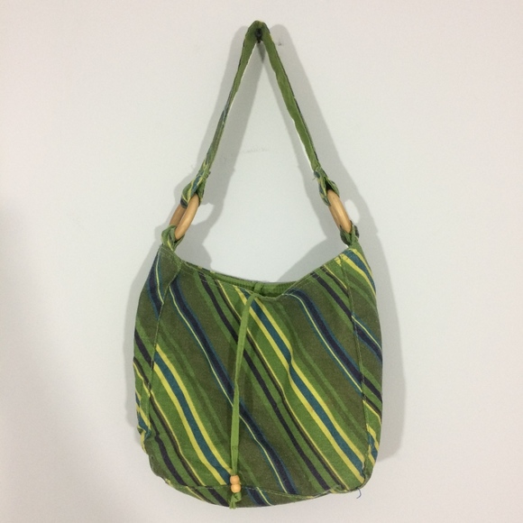 Handbags - Canvas Green Striped Shoulder Boho Bag